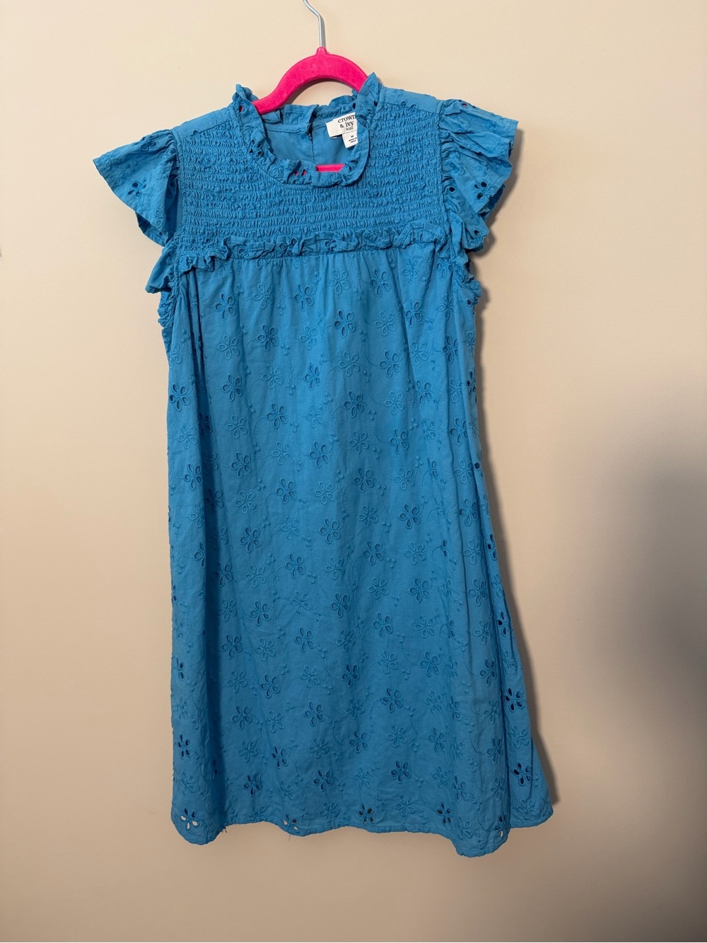 crown & ivy Teal Blue Eyelet Smocked Flutter Sleeve Dress
